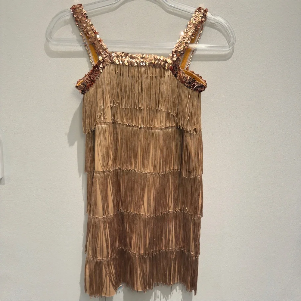 Leadtex - Gold Fringe Flapper Costume Dress with Sequin Straps Size 10-12 Years